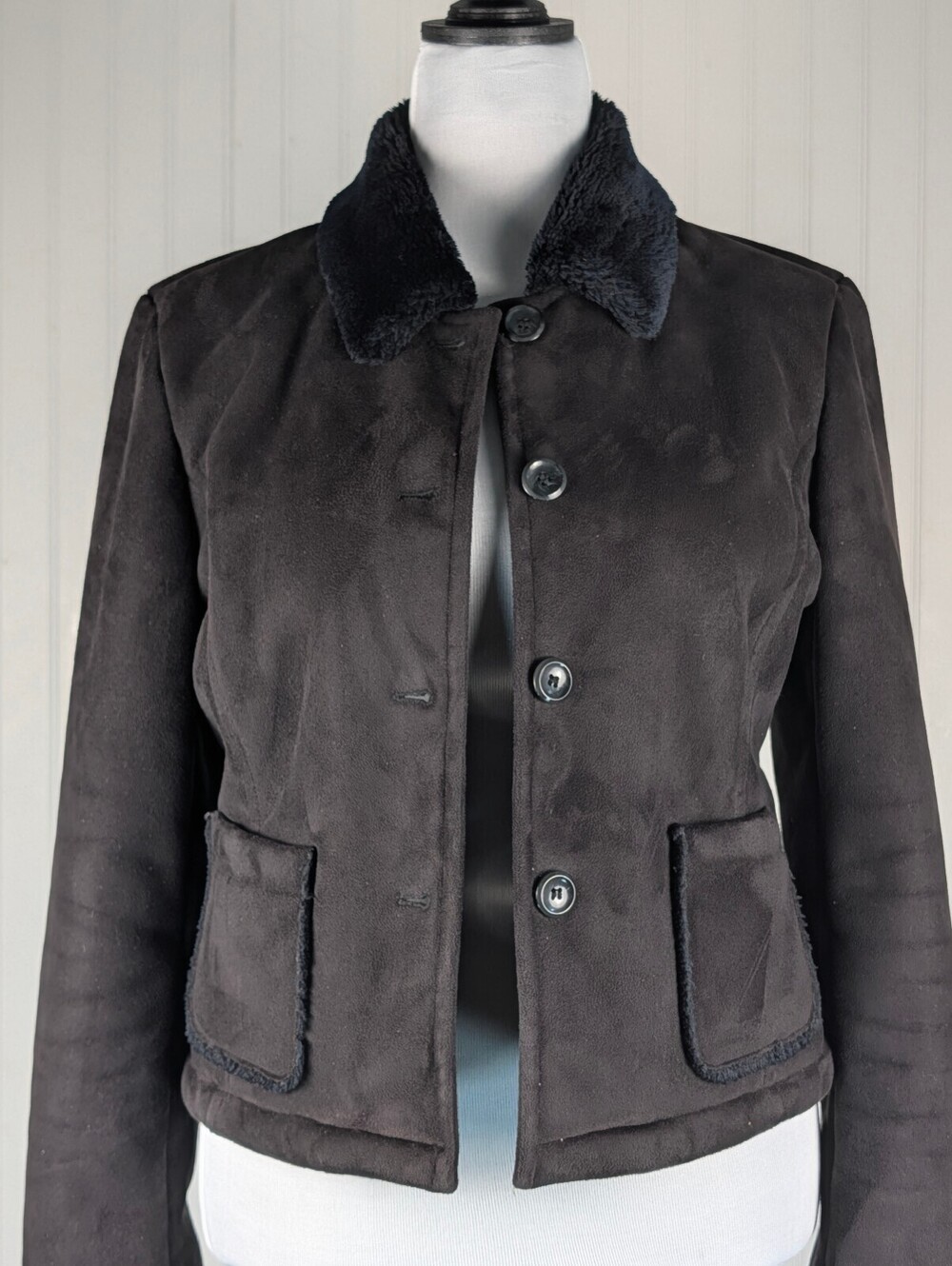 Esprit Vintage Black Faux Suede Button Front Jacket with Faux Fur Trim Sz.M